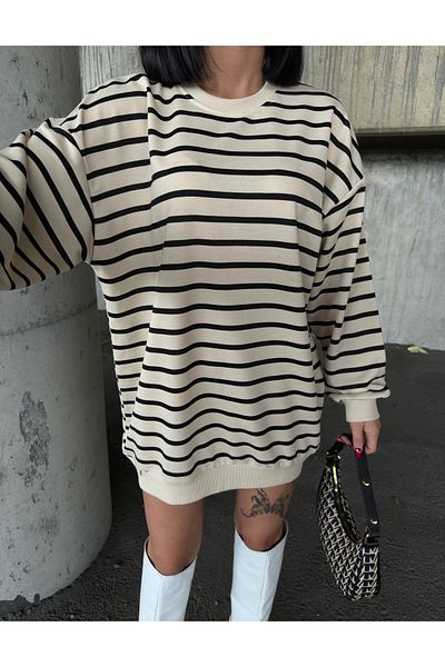 BEJNA Schwarz gestreiftes Oversize-Sweatshirt für Damen