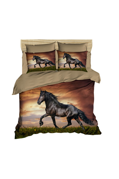 Fabeteks 3D Digital Double Duvet Cover Pillow Set in Black Horse Grasses