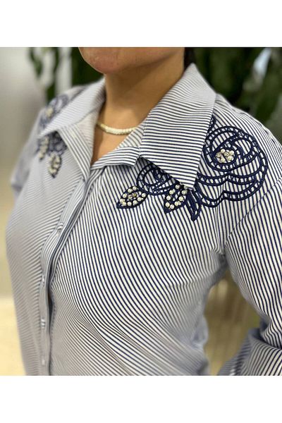 mardi exclusive Navy Blue Striped Large Size Women's Cotton Shirt
