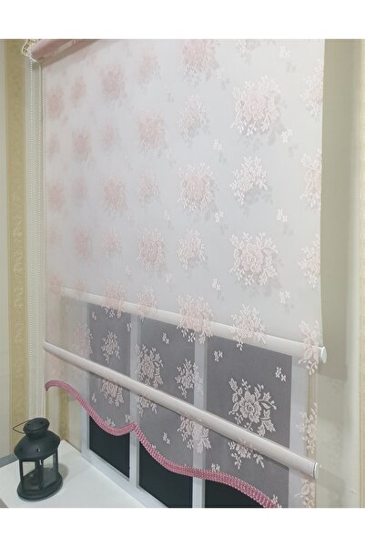 StorBurada Çift Mekanizmalı Pembe Çiçekli Tül ve Ekru Stor Perde STB2015-V09