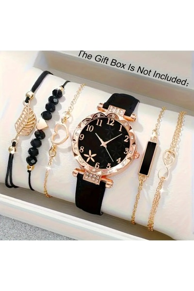 stainless steell suni deri kayışlı çiçek desenli saat 6 parça bileklik set