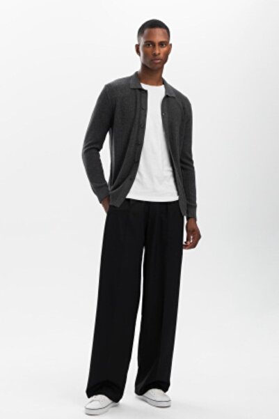 hateko Βαμβακερό-μπαμπού ανθρακί πουκάμισο με γιακά πλεκτό ζακέτα