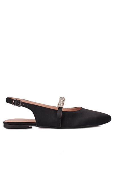 Fitbas 112030 001 Kadın Siyah Saten Büyük & Küçük Numara Taşlı Babet