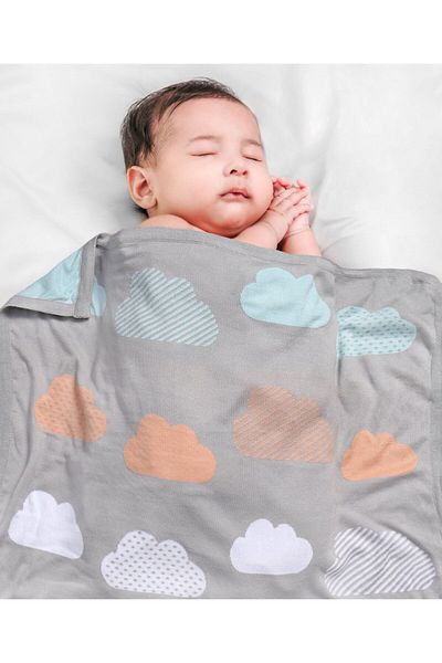 Babyhug بطانية أطفال من القطن المحبوك من Babyhug، بطبعة سحابية، دافئة ومريحة طوال الموسم، باللون الرمادي - من عمر 0 أشهر فما فوق