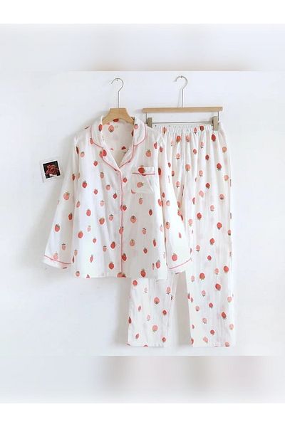 PEMBİŞ HOMEWEAR Super Soft Shirt Collar Strawberry Pajama Set