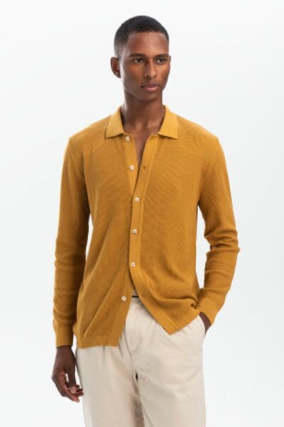 hateko Cotton-bamboo Mustard Shirt Collar Knitwear Cardigan
