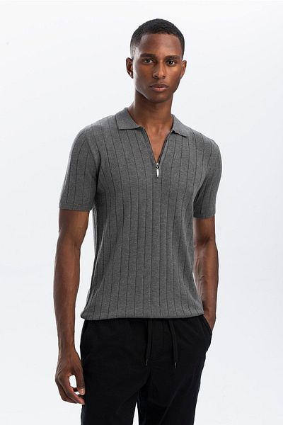 hateko Tricou gri, cu jumătate de fermoar, cu gât polo
