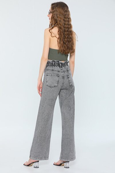 MAKRAS EXCLUSIVE A167386 Jeans Drawstring Waist Elastic High Waist Boyfriend Wide Leg Jeans