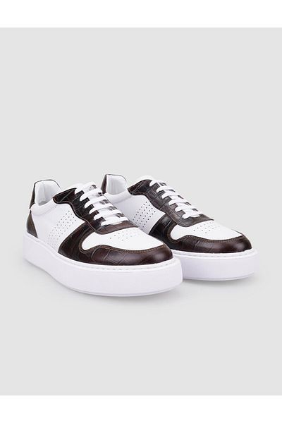 Cabani 100% Genuine Leather White - Brown Lace-Up Men's Sneakers