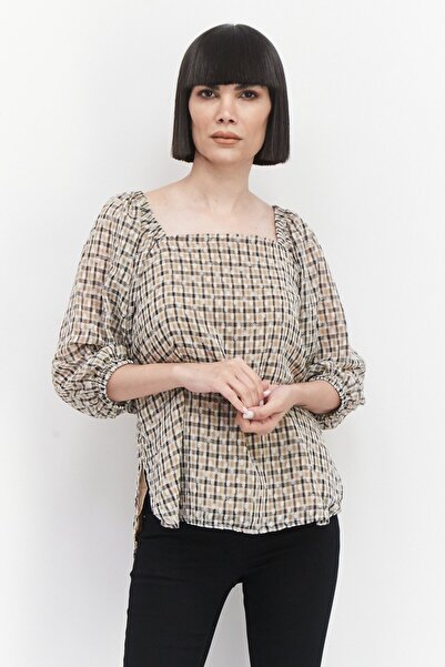 Anne Klein Women Square Neck 3/4 Sleeves Checkered Blouse, Tan