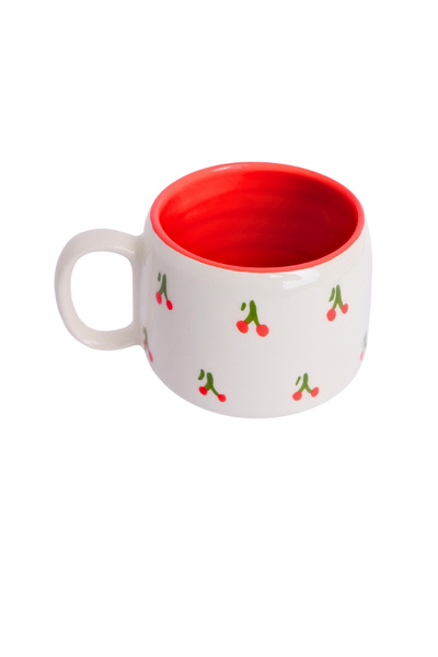 Porsellena Handmade White Cherry Patterned Double Ceramic Mug - Nescafe Cup