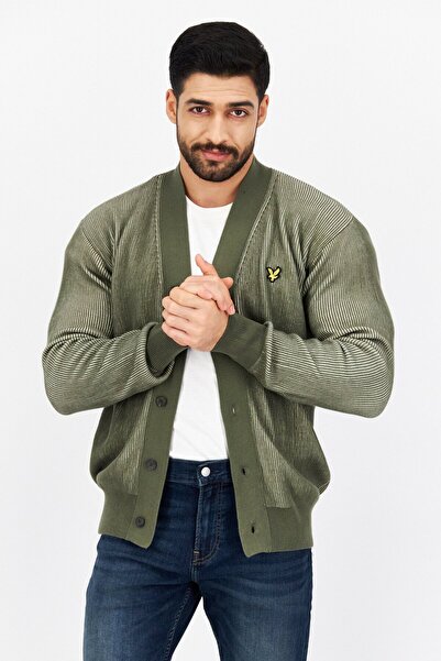 Lyle & Scott Men V-Neck Embroidered Logo Ribbed Cardigan, Olive