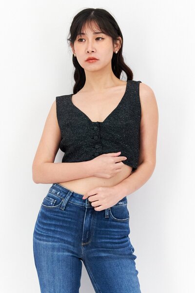 Jeannie Mai x INC Women V Neck Long Sleeves Heather Crop Top Vest, Dark Grey