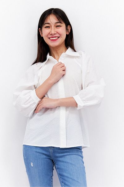 Esprit Women Pointed Collar Long Sleeve Textured Blouse, White