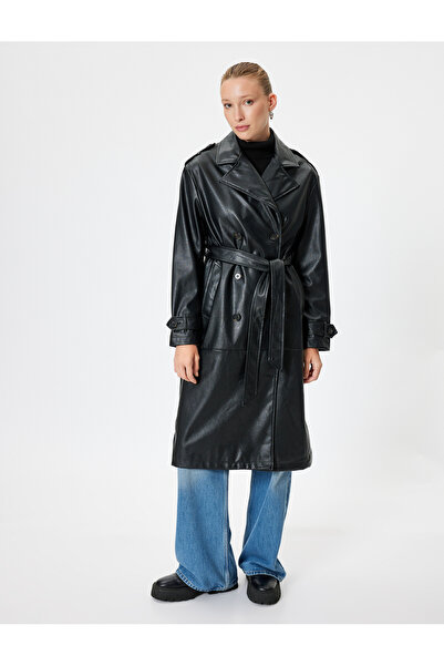 Koton Double Breasted Long Faux Leather Trench Coat with Pockets