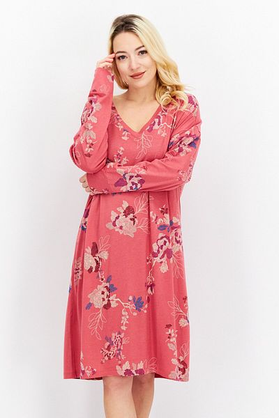Triumph Women Floral Print Full Sleeves Night Dress, Pink Combo