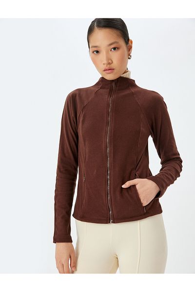 Koton Slim Fit Long Sleeve Zippered Stand Collar Fleece Cardigan