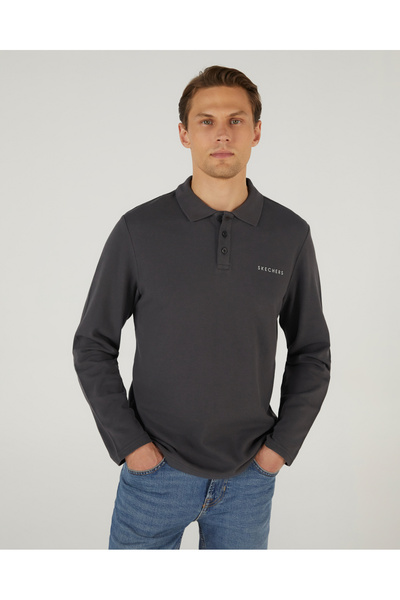 SKECHERS M Polo Casual Comfort Long Sleeve Polo Men's Gray Polo Neck Tshirt S242198-003