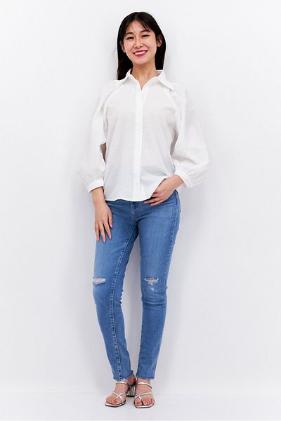 Esprit Women Pointed Collar Long Sleeve Textured Blouse, White