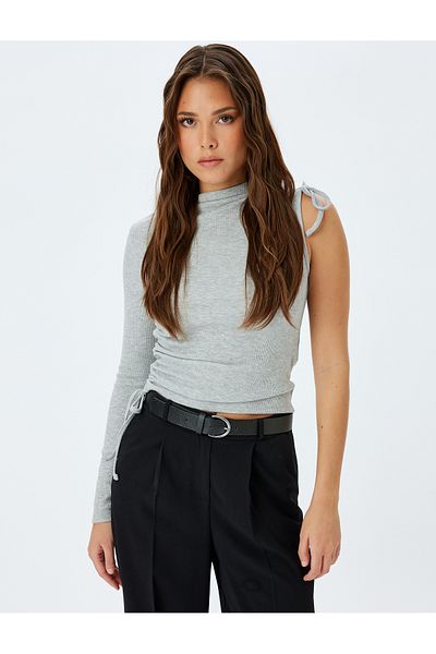 Koton Slim Fit Asymmetrical Neck Long Single Sleeve Ribbed T-Shirt