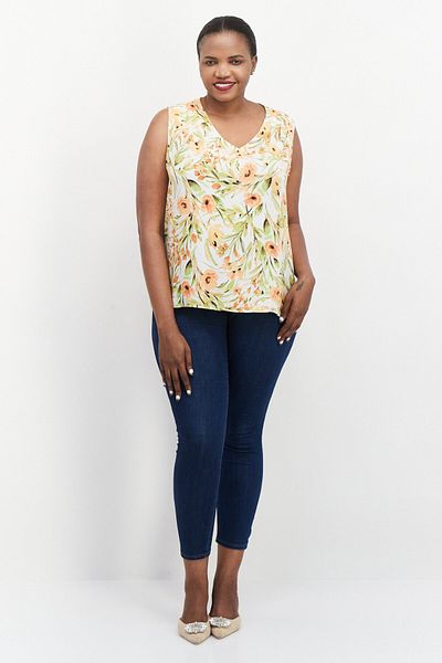 Kasper Women Plus Size V-neck Sleeveless Floral Print Tank Top, Green