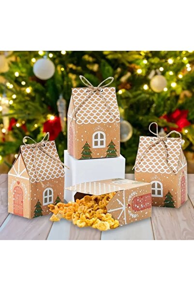 Kutumania 16 Adet Yılbaşı Temalı Mini Ev Şeklinde Kraft Hediyelik, Şeker ve Ç...