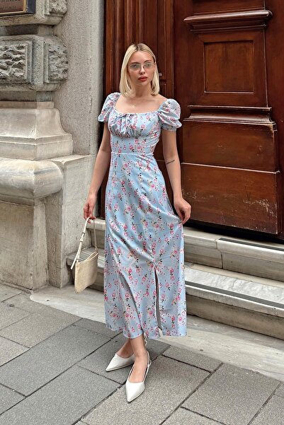 Swist Rochie midi de damă, albastră Merida, cu mâneci pepene verde, cu fantă cu imprimeu floral