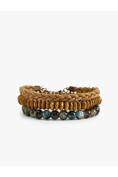 Koton Wooden Beaded Knitted 3-Piece Bracelet Set