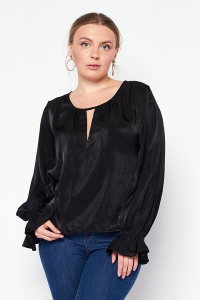 Dkny بلوزة سادة بأكمام طويلة وياقة دائرية للنساء، أسود