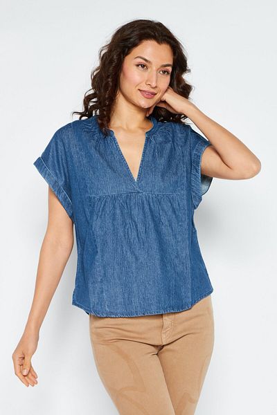 Esprit Women Split Neck Cuffed Sleeve Textured Top, Blue