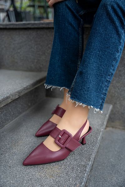 LAMİNTA Pantofi cu toc pentru femei Doby Burgundy, cu vârf ascuțit, cu cataramă legată