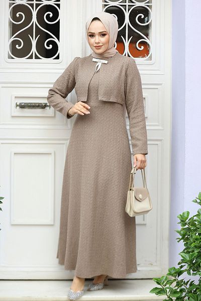 Neva Style Tweed Dark Mink Hijab Dress with Jacket Detail 61481Kv