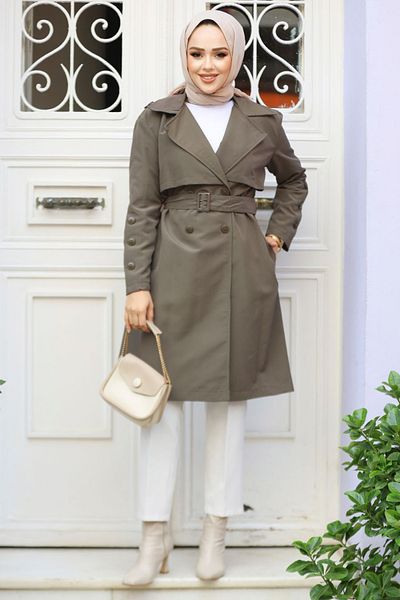 Neva Style Καμπαρντίνα με ζώνη Dark Khaki Hijab 61171KHK