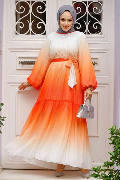 Neva Style Πορτοκαλί Χρώμα Μεταβατικό Φόρεμα Hijab - 12536T