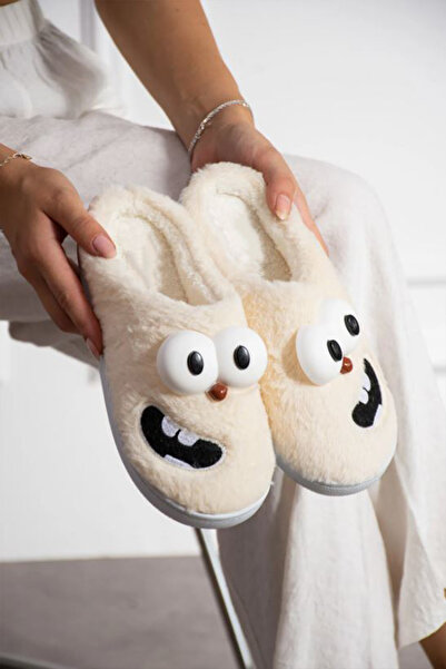 palermo home Papuci de casă pentru femei, cu talpă Eva, cu ochi de iepure drăguț, din pluș - Culoare albă