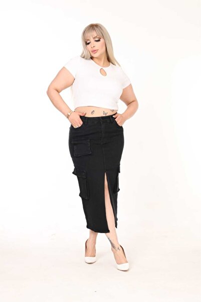 ASSO JEANS MĂRIME MARE Buzunar cargo cu fantă în față FUSTA LICHRA FUMATĂ