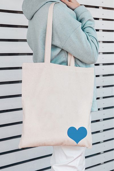 ÇANTAPAK BAGPACK GEANTĂ DE Pânză brută 35 X 40 CM MÂNER LUNG IMPRIMAT CU INIMĂ ALBASTRĂ