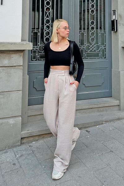 Swist Beige, doppelt geknöpfte, plissierte Palazzo-Leinenhose für Damen