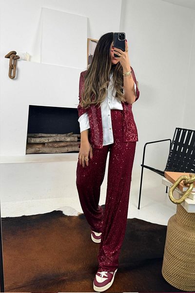 Sohotique By P Burgundy Wide Leg Sequined Trousers
