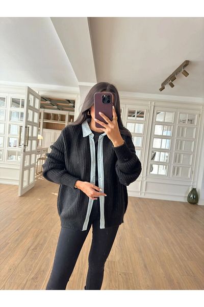My Blog Schwarze Jeans-Strickjacke mit Klettverschluss - 231068