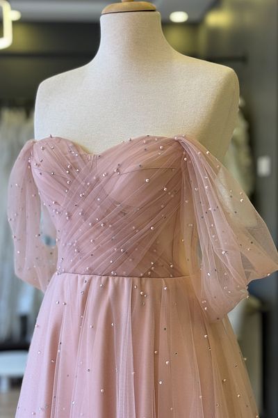 Lenta Moda Maxi Length Draped See-Through Evening Dress and Evening Gown with Powder Pearls and Sparkling Stones