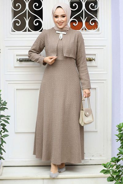 Neva Style Μπουφάν Λεπτομερές Tweed Dark Mink Hijab Φόρεμα 61481KV