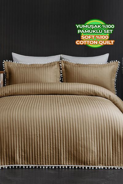 Evlen Home Collection Кувертюра за легло с помпон за двоен сън - 100% памук, комплект цвят кафе