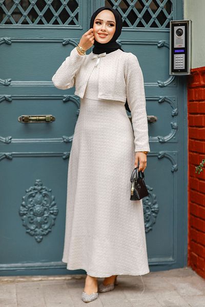 Neva Style Beige Tweed Hijab Dress with Jacket Detail, Model 61481Beige