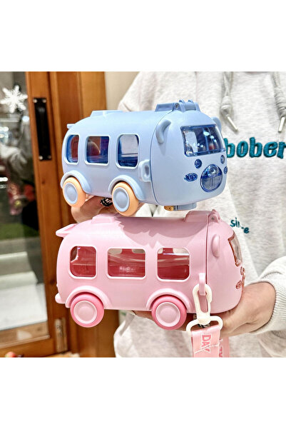 TAHA İTHALAT Pembe Trend Askılı Sevimli Otobüs Matara Çocuk Suluk 500 ml