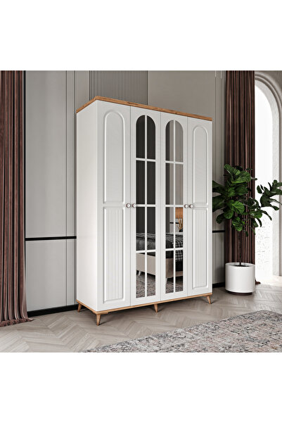 GuneyStore Ücretsiz Montaj Bohem 4 Kapaklı Aynalı Komple MDF Gardırop - Elbise Dolabı