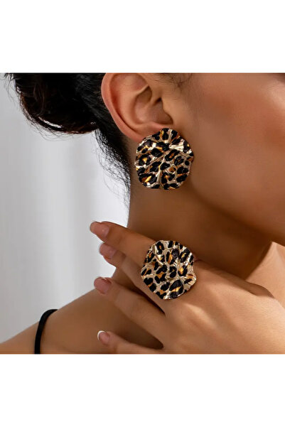 SE Jewellery Gold Leopar Desenli Büyük Plaka Küpe Yüzük Set