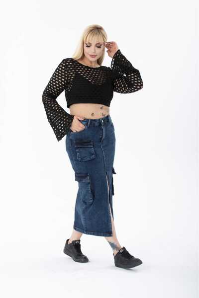 ASSO جينز مقاس كبير، جيب أمامي، فتحة أمامية، تنورة ليكرا زرقاء داكنة