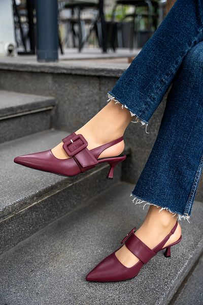 LAMİNTA Pantofi cu toc pentru femei Doby Burgundy, cu vârf ascuțit, cu cataramă legată