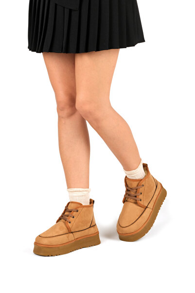 Akka Shoes Kadın Mini Süet İçi Kürklü Kalın Taban Bağcıklı Bot